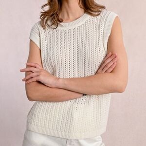 Frye Cable Stitch Cap Sleeve Cream Cotton Blend Sweater Top Small